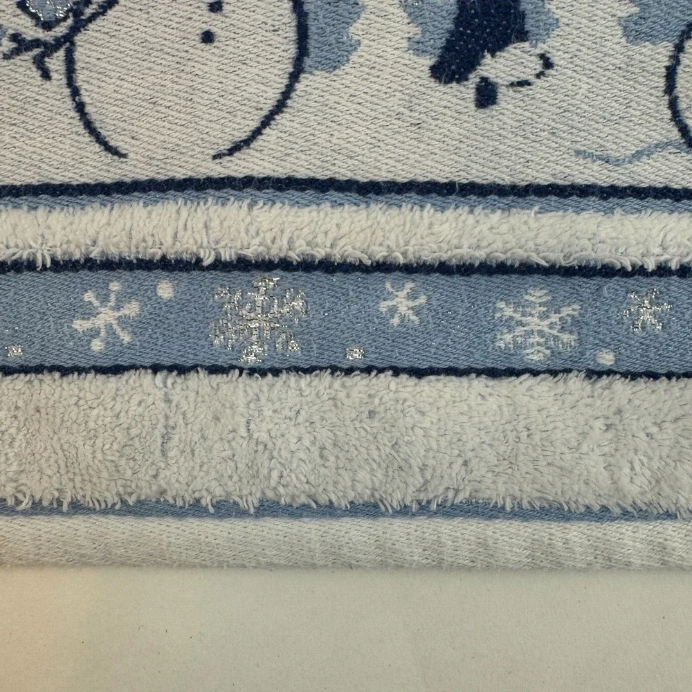 Vintage Bath Towel Cecil Sayday Set of 2 Snowman Snowflakes Blue white